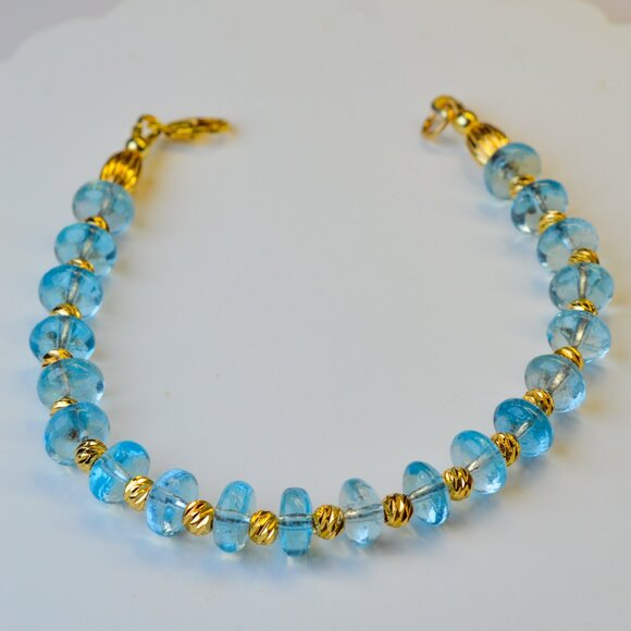 Aquamarine Bracelet  6.5" Gold Filled High Quality Rondelle Beaded Bracelet - Picture 6 of 8